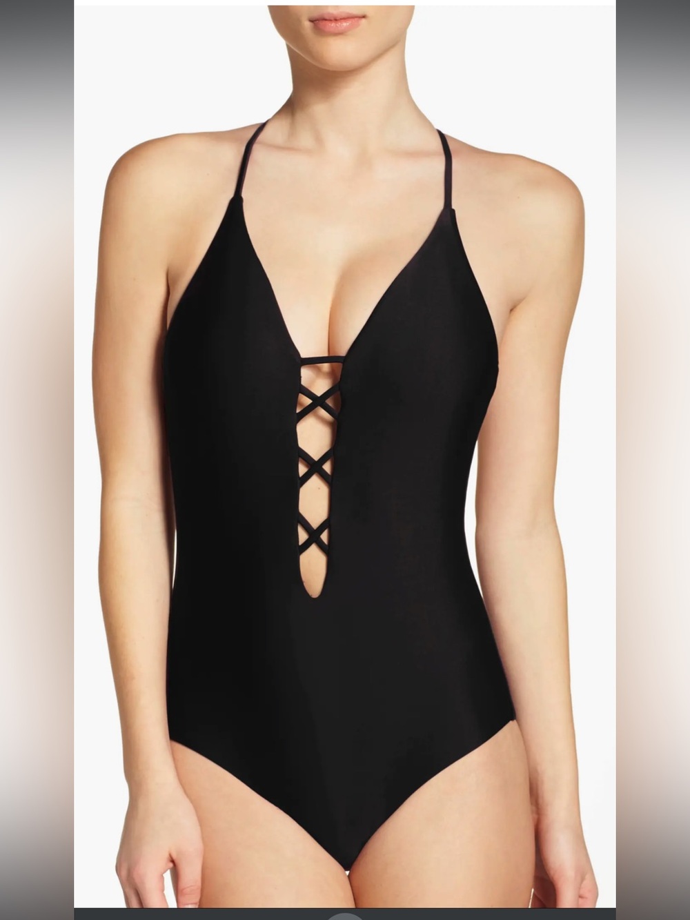 Women’s Black Lace-Up Plunge One-Piece Swimsuit
